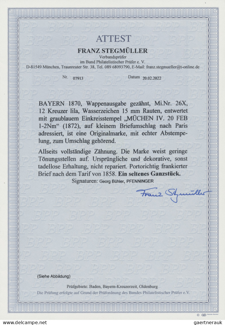 Bayern - Marken Und Briefe: 1870, Wappen 12 Kr. Lila Mit Wasserzeichen X (enge R - Sonstige & Ohne Zuordnung