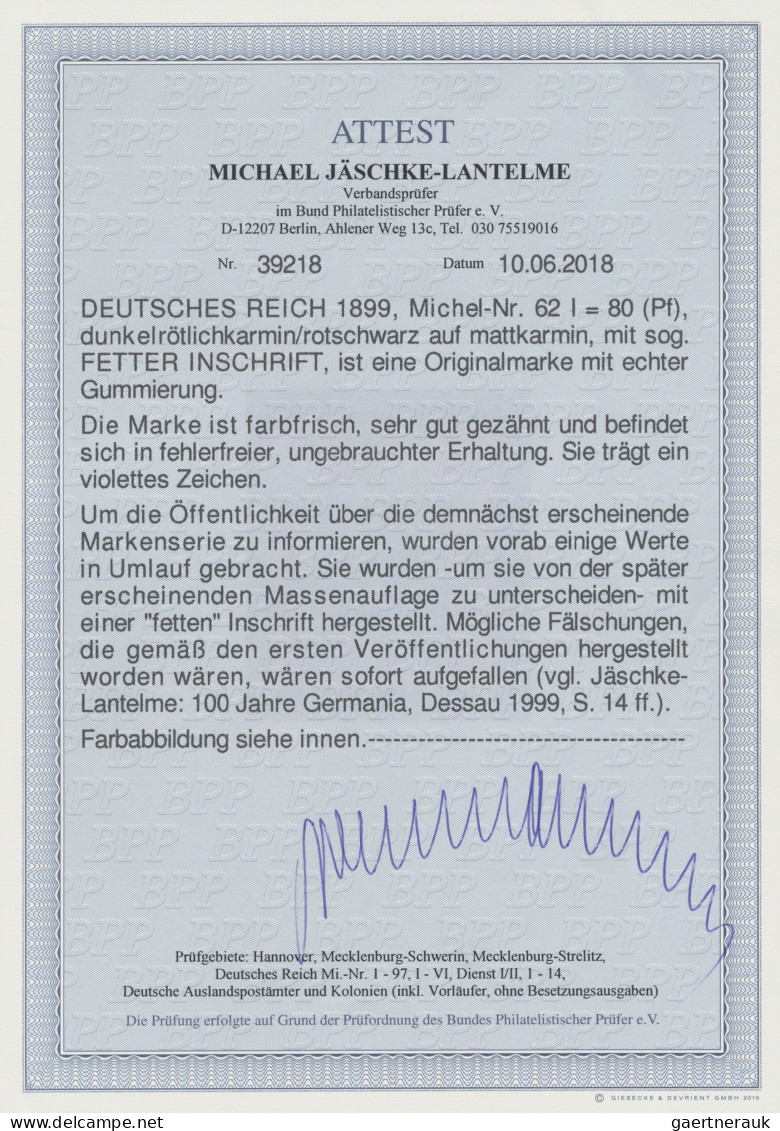 Deutsches Reich - Germania: 1900 80 (Pf.) Dunkelrötlichkarmin/rotschwarz Auf Mat - Ungebraucht