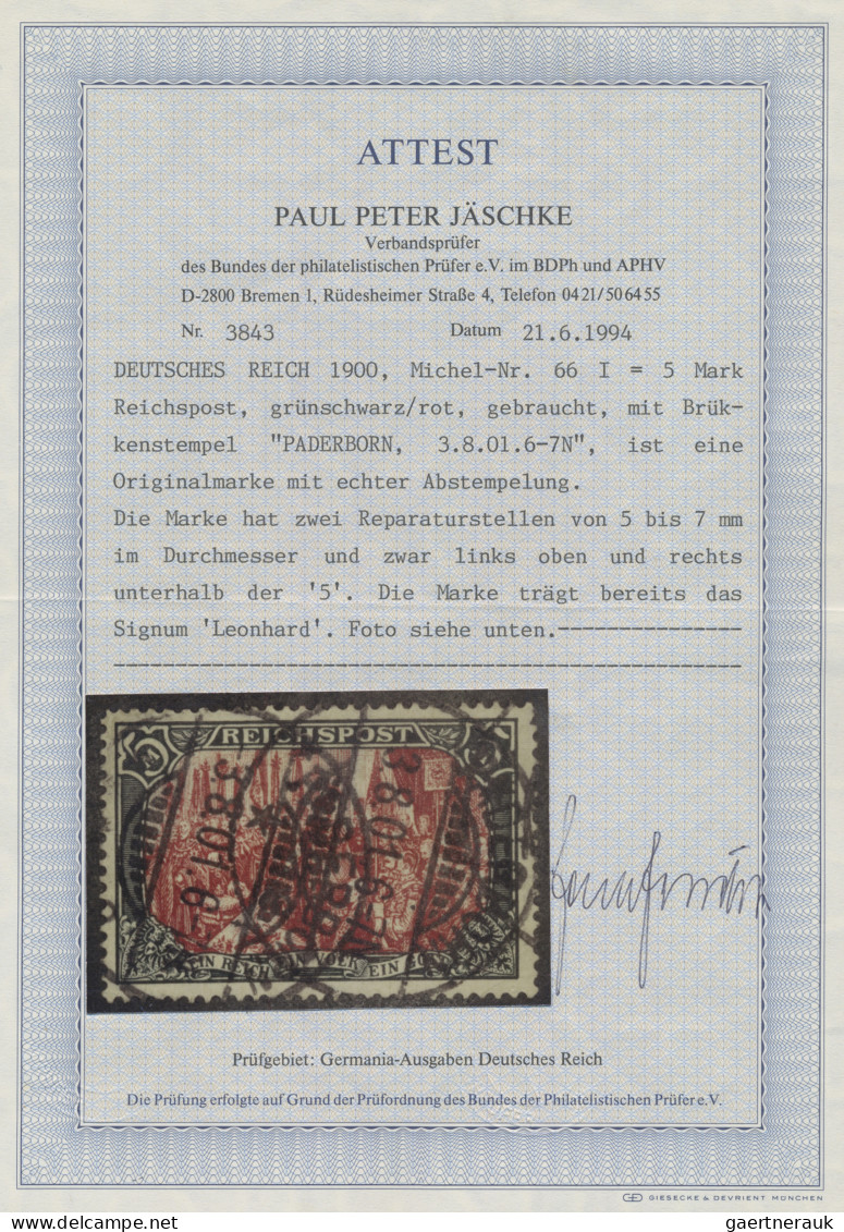 Deutsches Reich - Germania: 1900 "REICHSPOST" 5 M. Grünschwarz/rot In Type I, Ge - Gebraucht