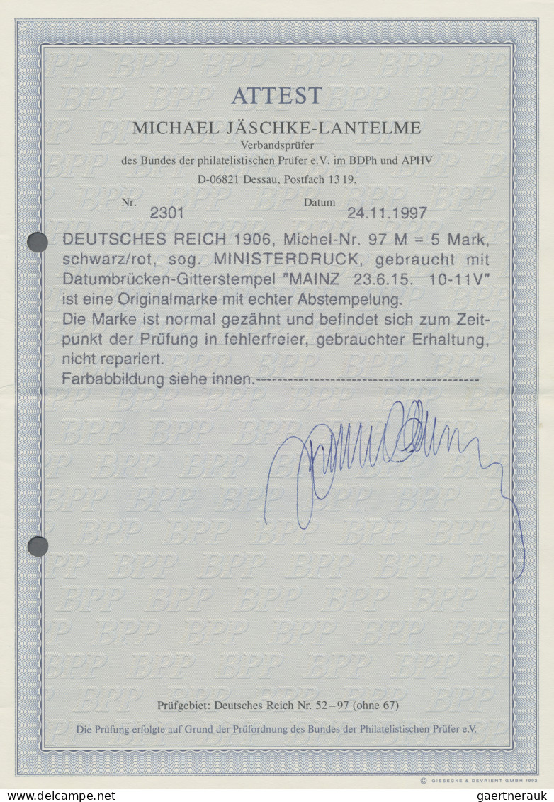 Deutsches Reich - Germania: 1906 Friedensdruck 5 M. Als Sog. MINISTERDRUCK In Sc - Gebraucht