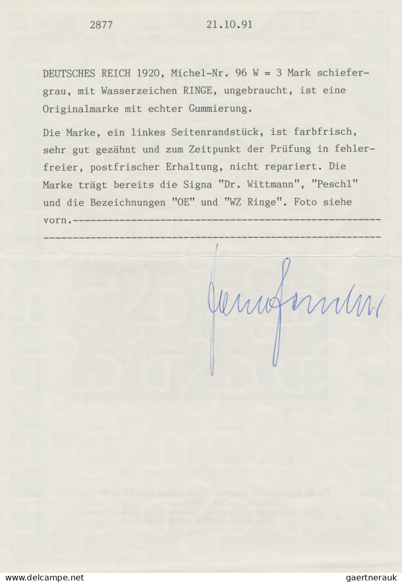 Deutsches Reich - Germania: 1918 Kriegsdruck 3 M. Schiefergrau Auf Papier Mit Wa - Unused Stamps