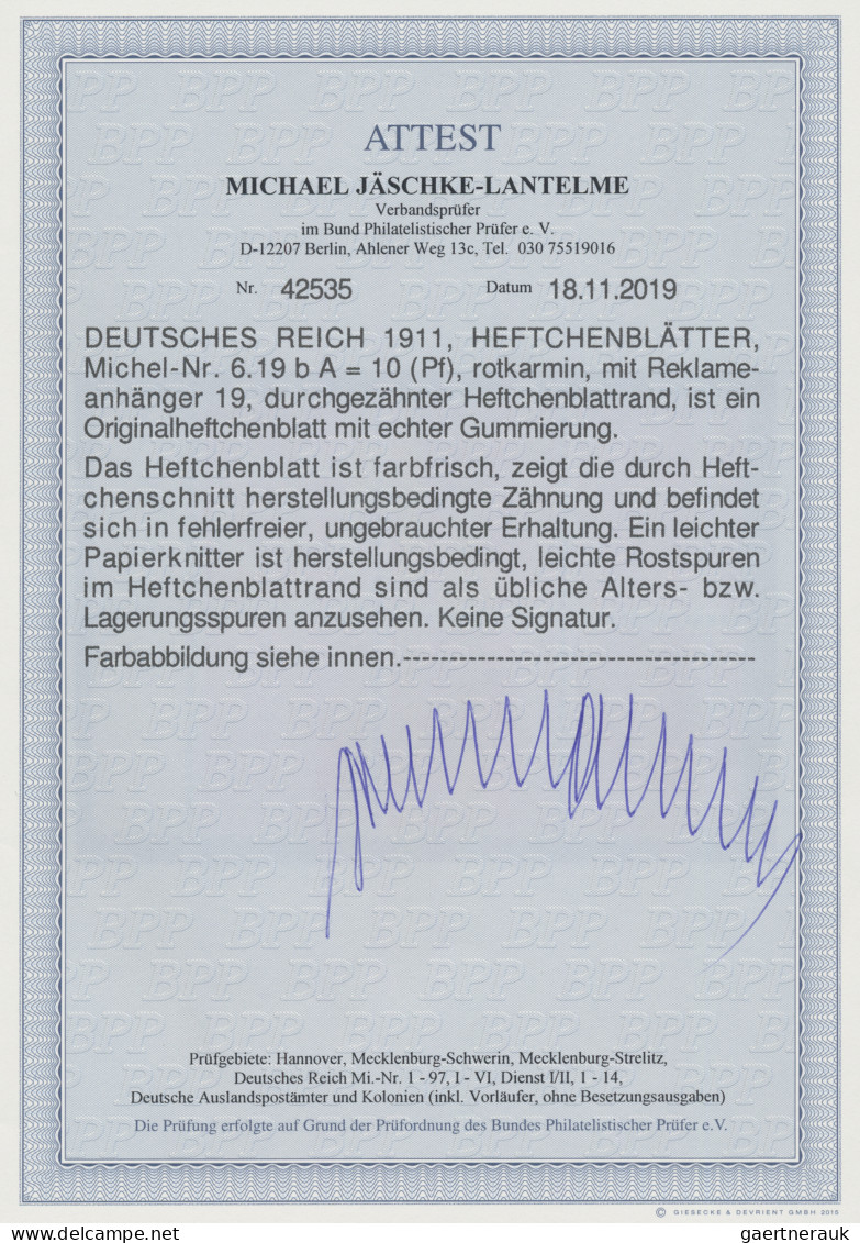 Deutsches Reich - Markenheftchenblätter: 1911 Heftchenblatt Mit Reklame "Naturwe - Carnets