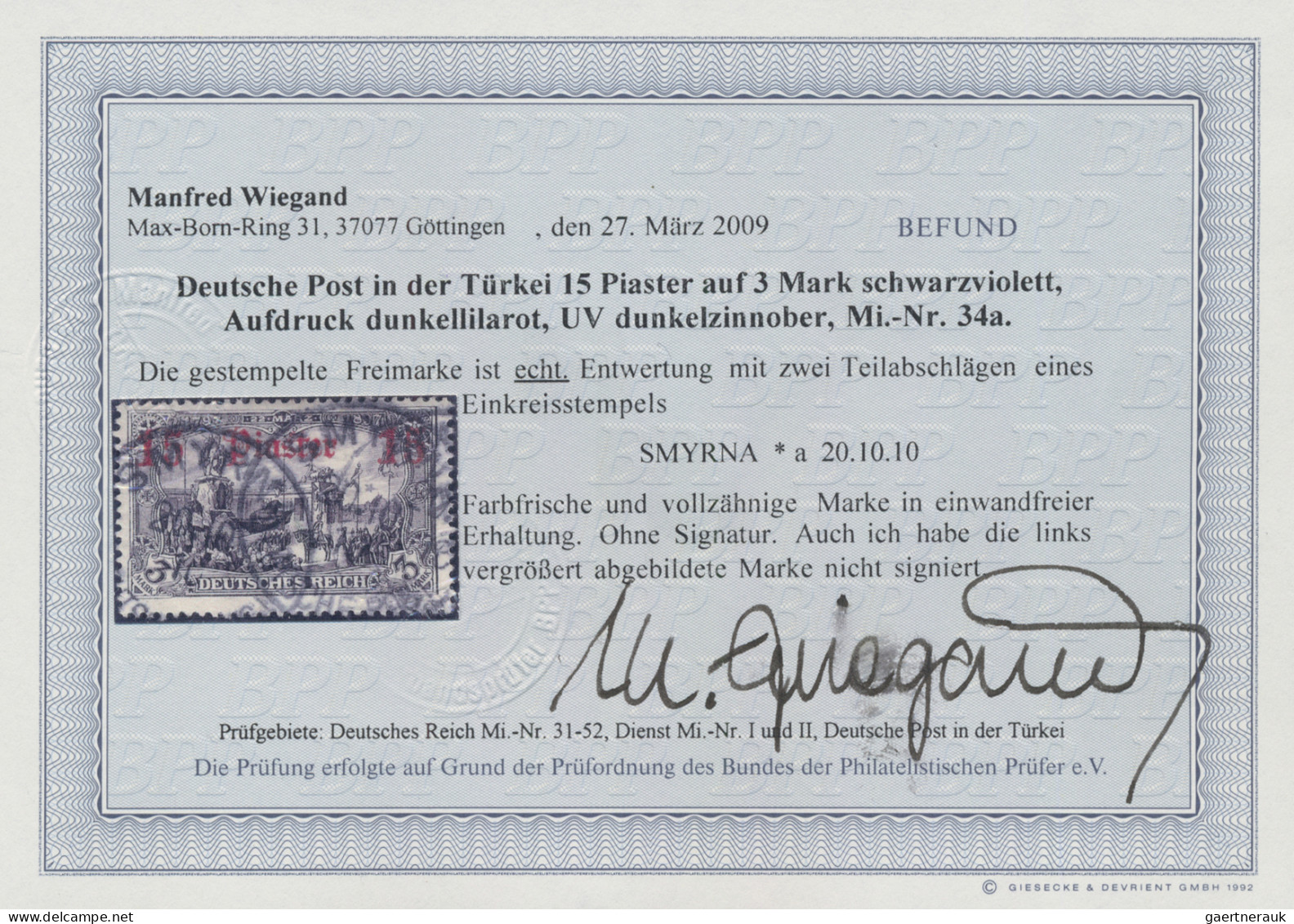 Deutsche Post In Der Türkei: 1905 15 PIA Auf 3 M. Schwarzviolett, Aufdruck Dunke - Deutsche Post In Der Türkei