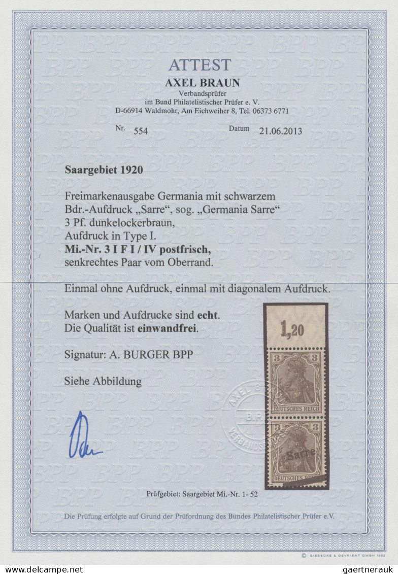 Deutsche Abstimmungsgebiete: Saargebiet: 1920 3 (Pf) Dunkelockerbraun Im Senkrec - Unused Stamps