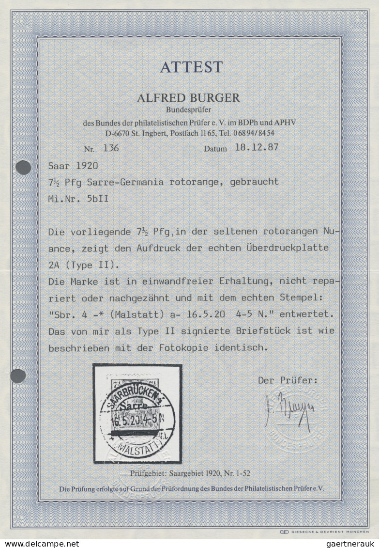 Deutsche Abstimmungsgebiete: Saargebiet: 1920 7½ (Pf) Rötlichorange Mit Aufdruck - Autres & Non Classés
