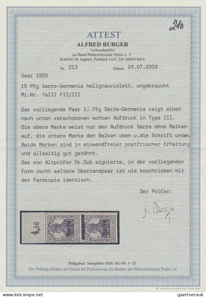 Deutsche Abstimmungsgebiete: Saargebiet: 1920 15 (Pf) Hellgrauviolett Im Senkrec - Ungebraucht