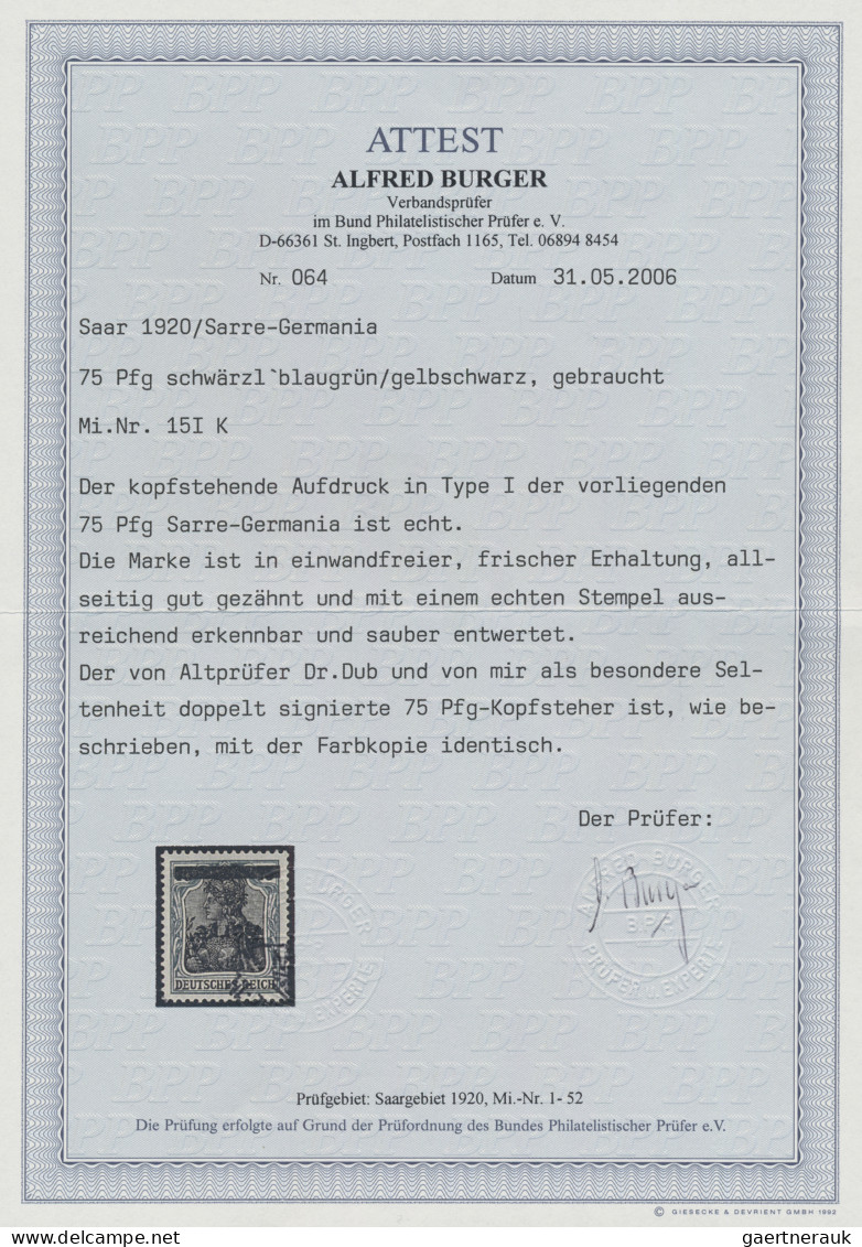 Deutsche Abstimmungsgebiete: Saargebiet: 1920 75 (Pf) Schwärzlichbläulichgrün/ge - Oblitérés