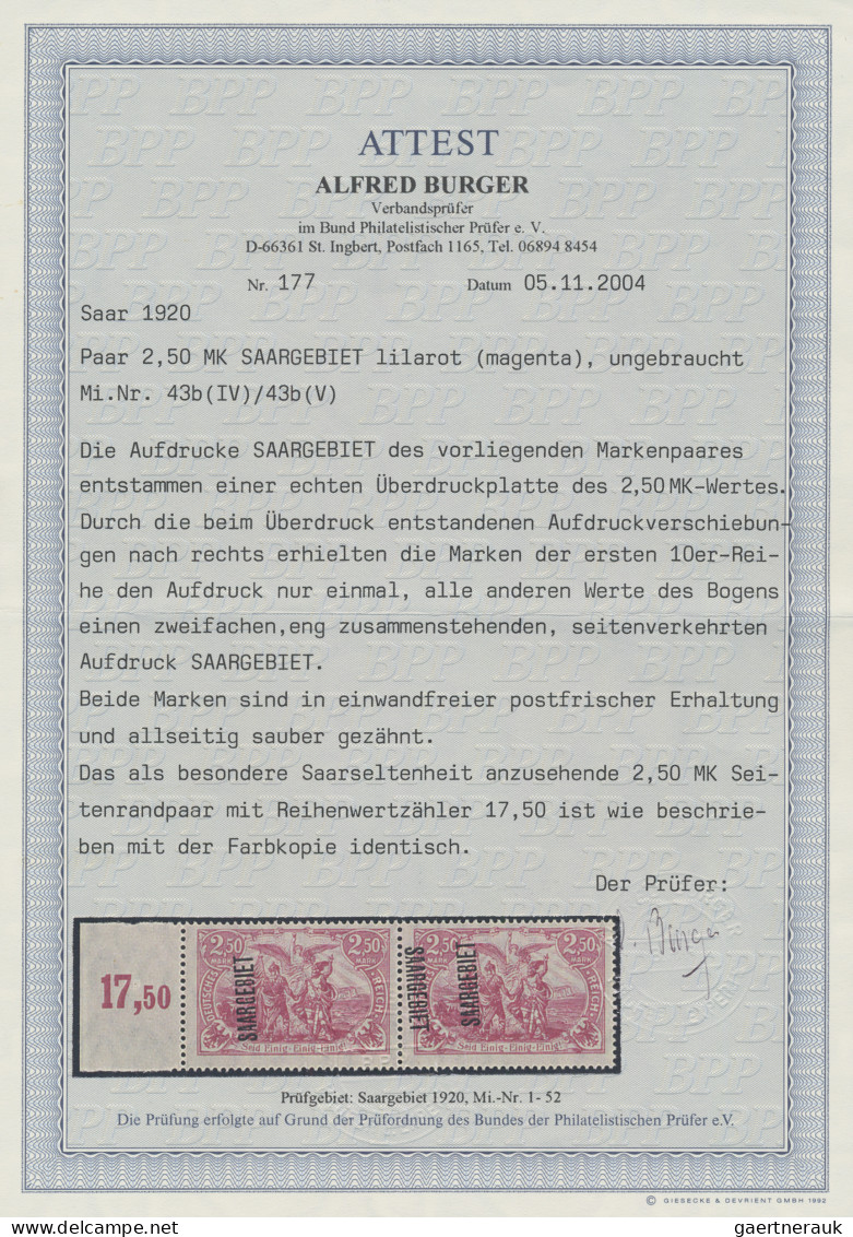 Deutsche Abstimmungsgebiete: Saargebiet: 1920 2.50 M. Lilarot (magenta) Im Waage - Unused Stamps