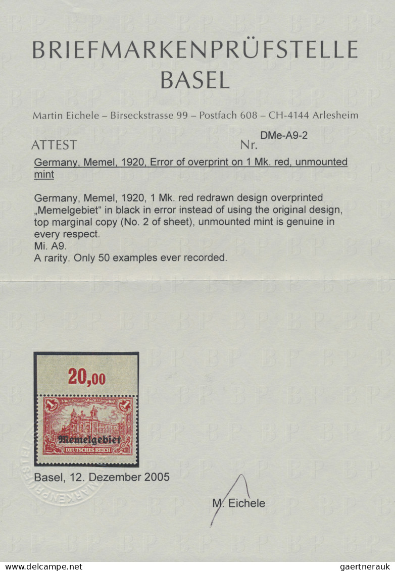 Memel: 1920 FEHLDRUCK 1 M. Rot, Offsetdruck, Urmarke Deutsches Reich MiNr. A113a - Memelgebiet 1923