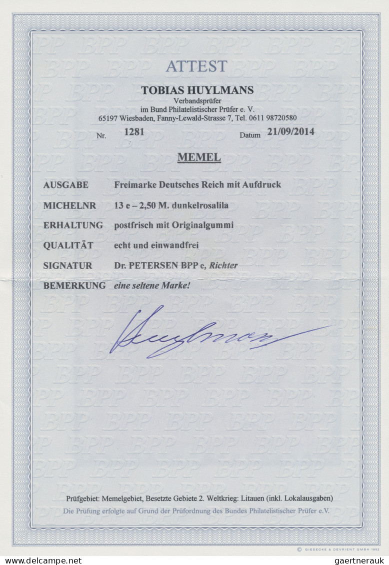 Memel: 1920 2,50 M. Rosalila, Tadellos Postfrisch, Sign. Dr. Petersen BPP Und Ri - Klaipeda 1923