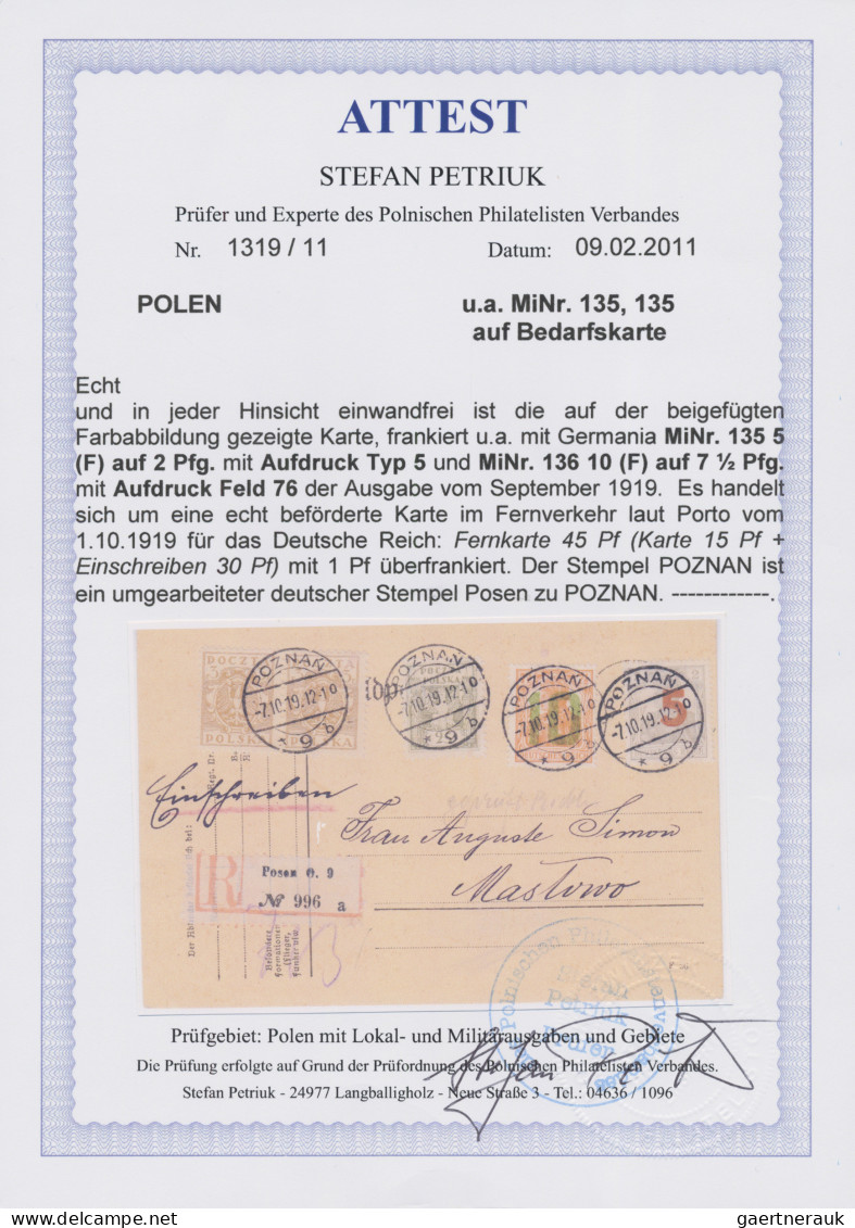 Poland: 1919 Germania "5" Auf 2 (Pf) Und "10" Auf 7½ (Pf) Zusammen Mit Drei Weit - Lettres & Documents