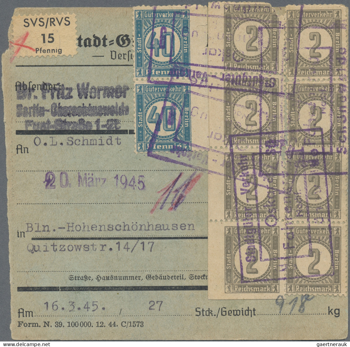 Deutsches Reich - Privatpost (Stadtpost): 1944, BERLIN/Stadt-Güter-Verkehr, 3x 3 - Postes Privées & Locales