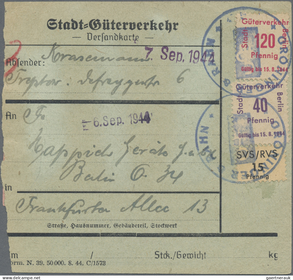 Deutsches Reich - Privatpost (Stadtpost): 1944, BERLIN/Stadt-Güter-Verkehr, 3x 3 - Postes Privées & Locales
