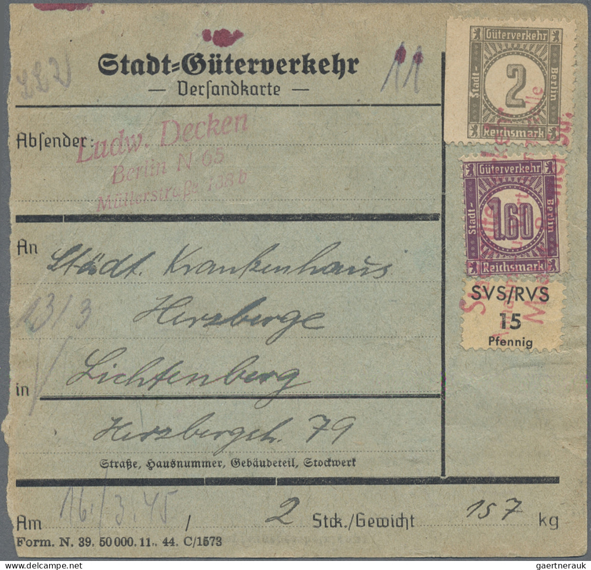 Deutsches Reich - Privatpost (Stadtpost): 1944, BERLIN/Stadt-Güter-Verkehr, 2 RM - Privatpost