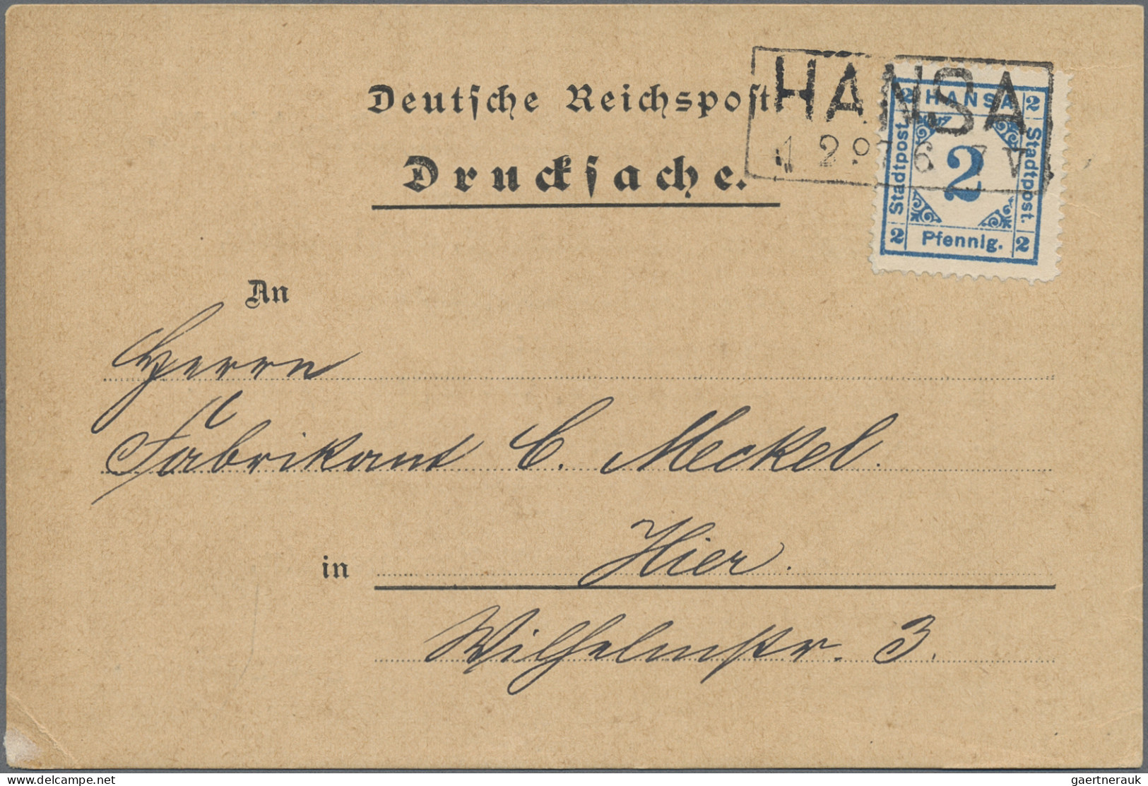 Deutsches Reich - Privatpost (Stadtpost): 1896, BROMBERG/Hansa, Marke 2 Pf. Blau - Correos Privados & Locales