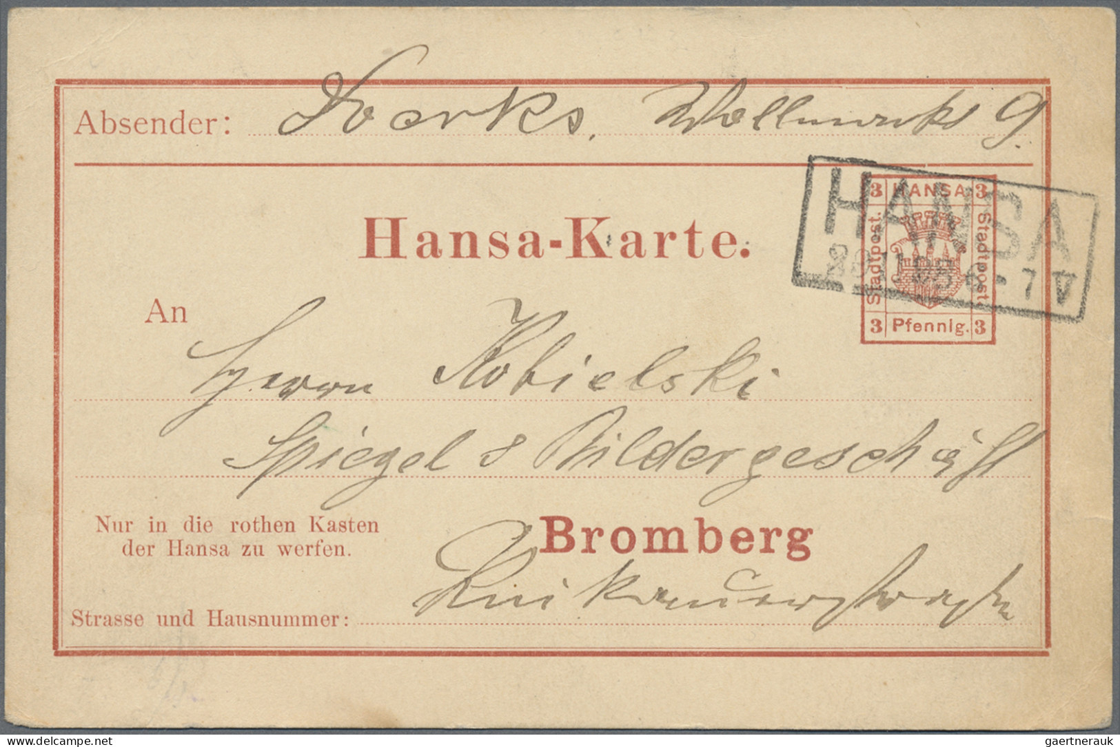 Deutsches Reich - Privatpost (Stadtpost): 1896/98, BROMBERG/Hansa, 2 GA-Karten 3 - Private & Lokale Post