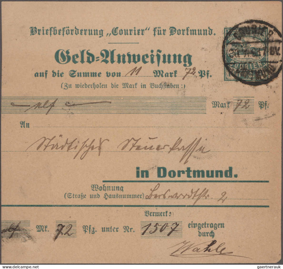 Deutsches Reich - Privatpost (Stadtpost): 1897, DORTMUND/Courier, Geld-Anweisung - Privatpost