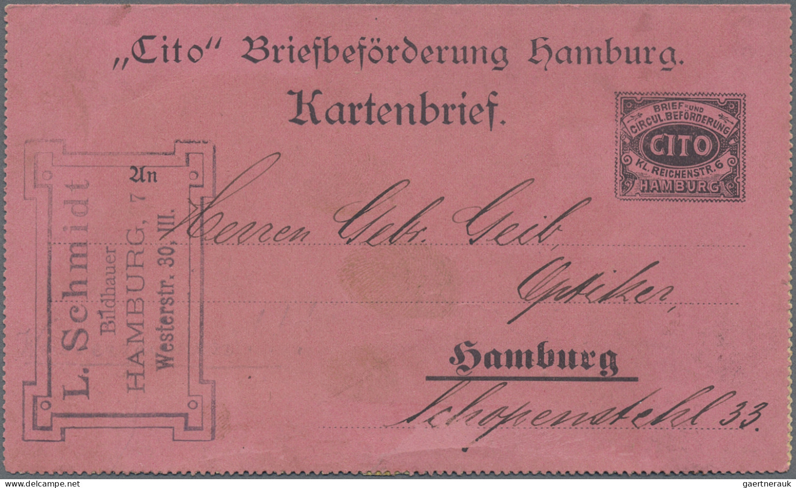 Deutsches Reich - Privatpost (Stadtpost): 1898, HAMBURG/Cito, GA-Kartenbrief Cit - Privatpost
