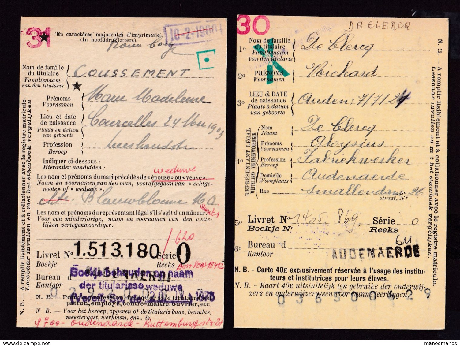 DDFF 562 -- AUDENAERDE B Et C - 2 X Carte De Caisse D'Epargne Postale/Postspaarkaskaart 1930/1931 - Petites Griffes - Zonder Portkosten