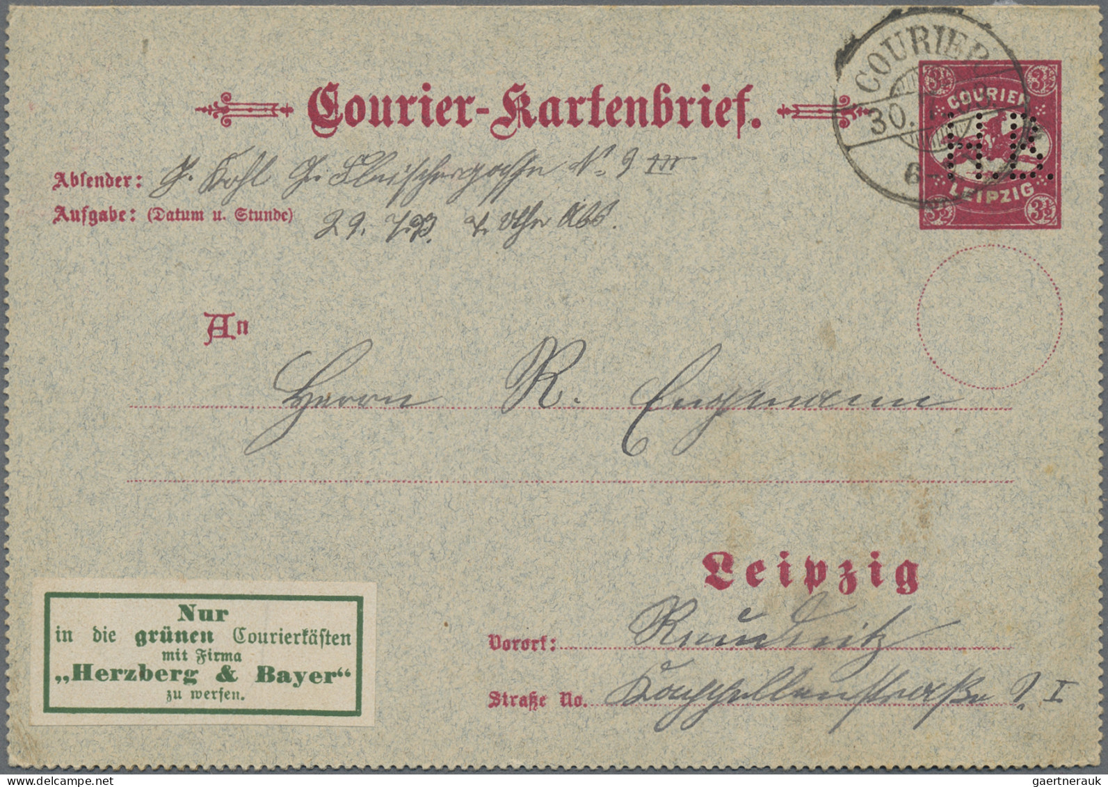 Deutsches Reich - Privatpost (Stadtpost): 1893, LEIPZIG, Courier HB, GA-Karte De - Private & Local Mails
