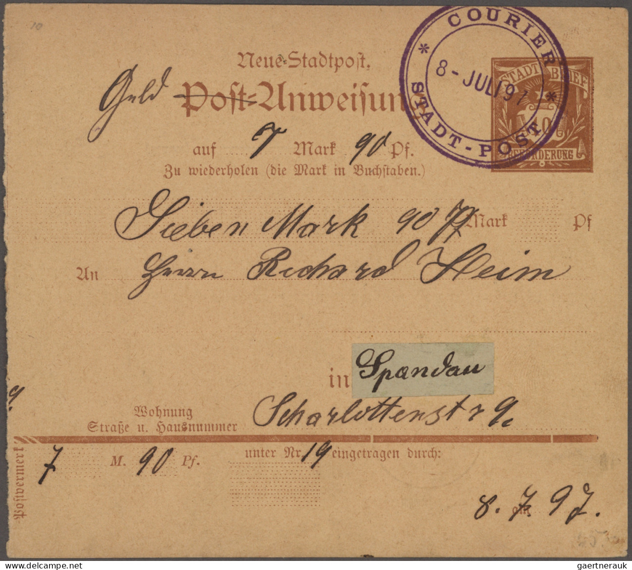 Deutsches Reich - Privatpost (Stadtpost): 1897, SPANDAU/Courier, Geldanweisungs- - Posta Privata & Locale