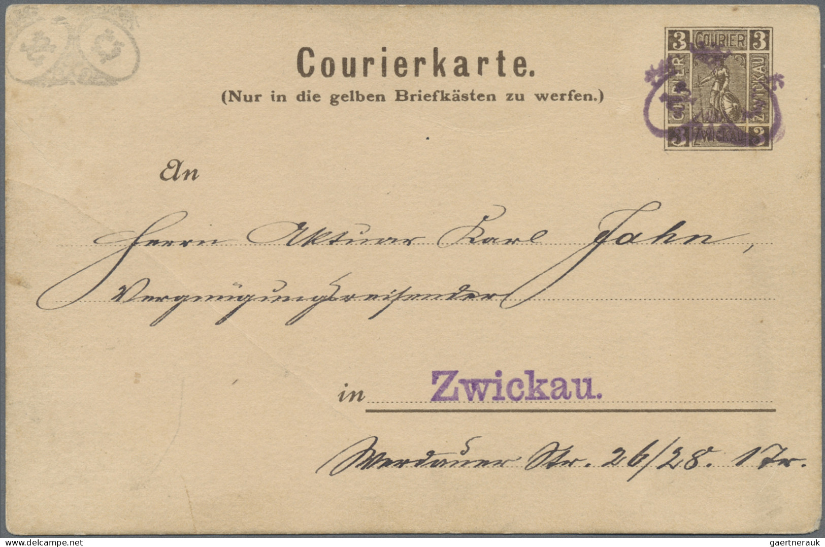 Deutsches Reich - Privatpost (Stadtpost): 1894, ZWICKAU, Courier-GA-Karte 3 Pf. - Private & Local Mails
