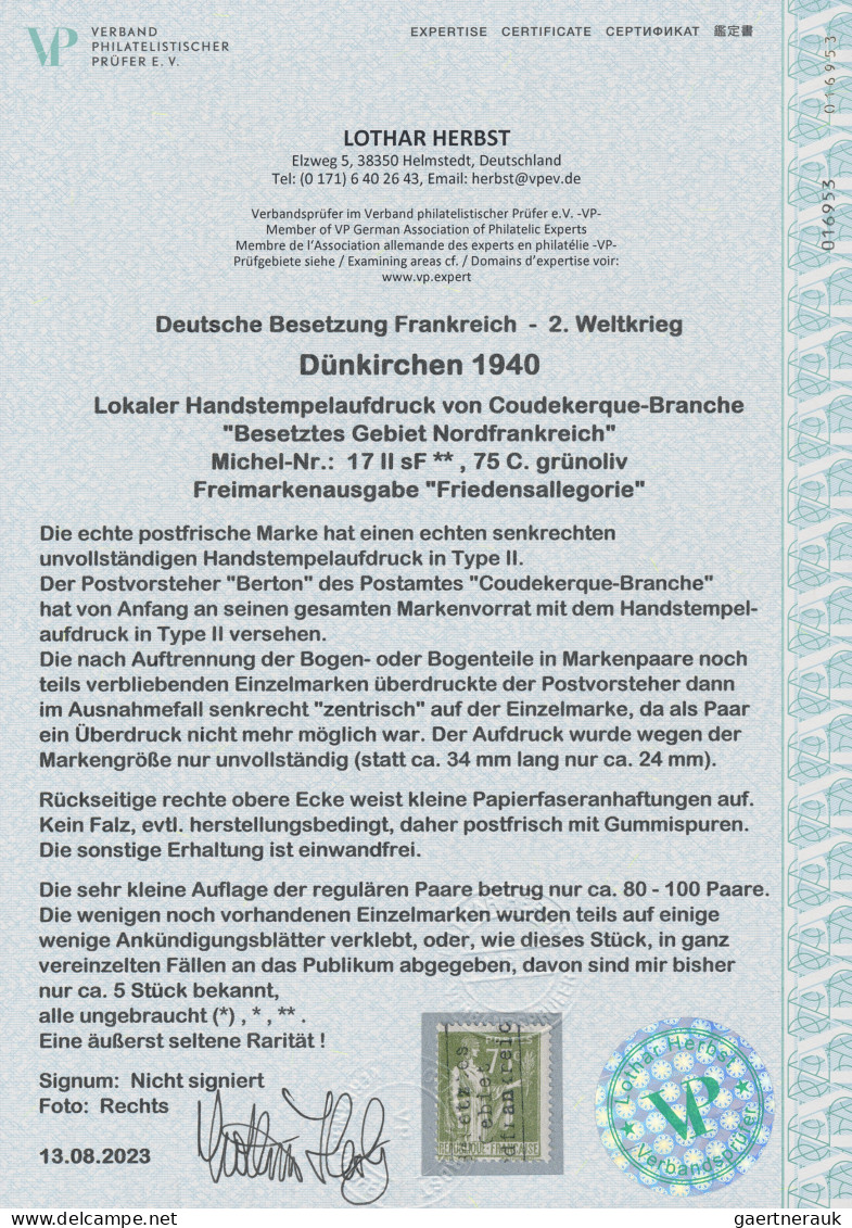 Dt. Besetzung II WK - Frankreich - Dünkirchen: 1940, Freimarkenausgabe "Friedens - Besetzungen 1938-45