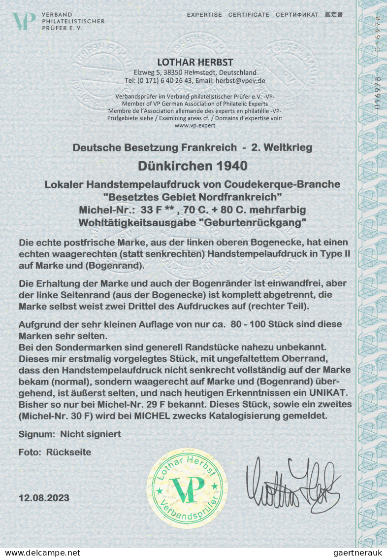 Dt. Besetzung II WK - Frankreich - Dünkirchen: 1940, Wohltätigkeitsausgabe "Gebu - Besetzungen 1938-45