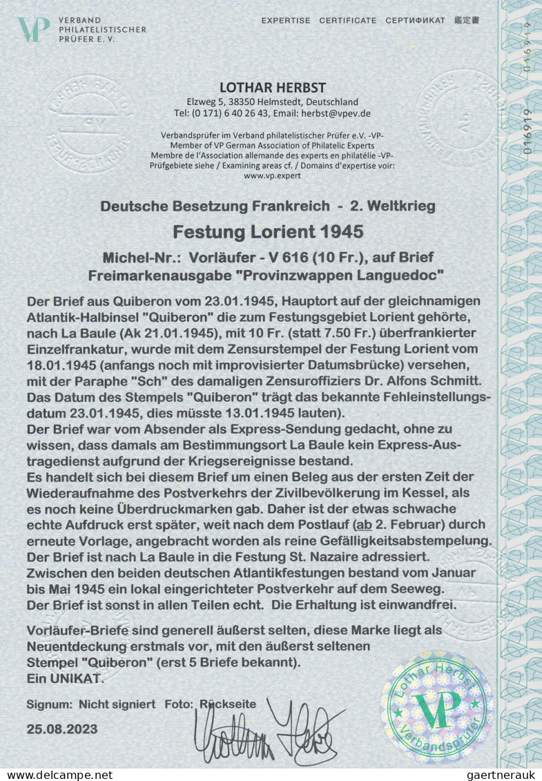 Dt. Besetzung II WK - Frankreich - Festung Lorient: 1945, Freimarkenausgabe 10 F - Besetzungen 1938-45