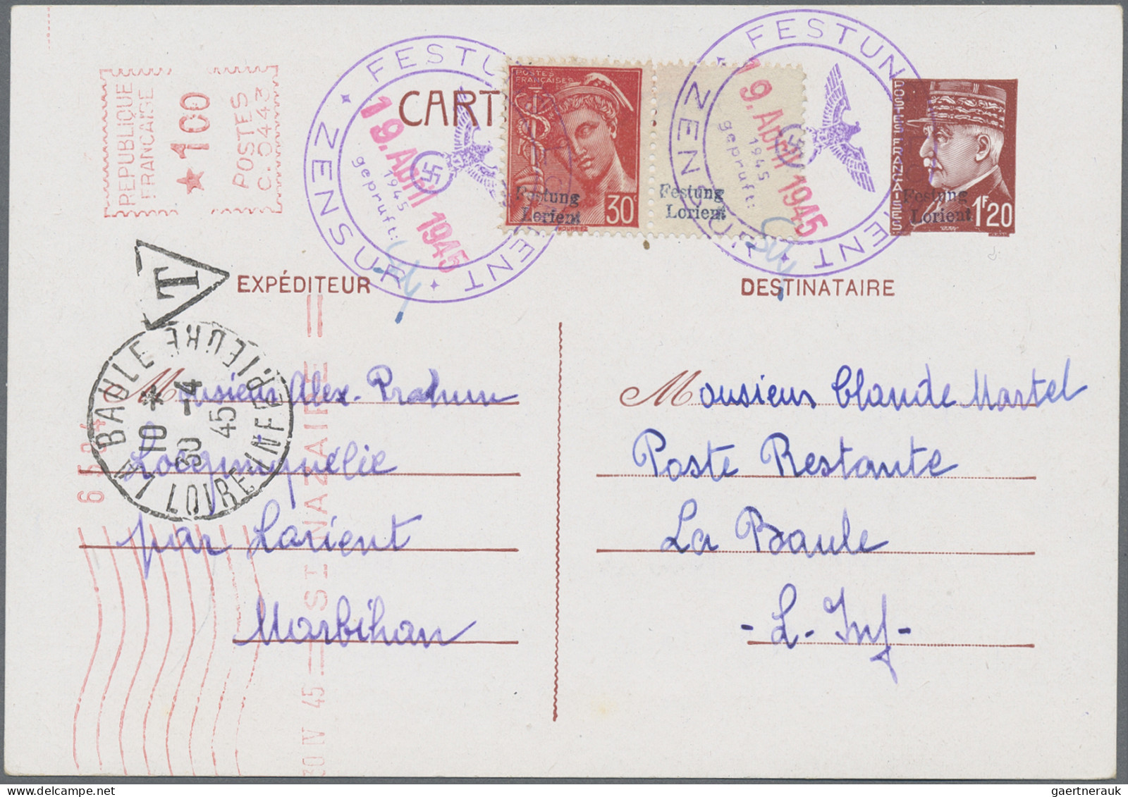 Dt. Besetzung II WK - Frankreich - Festung Lorient - Ganzsachen: 1945, Postkarte - Bezetting 1938-45