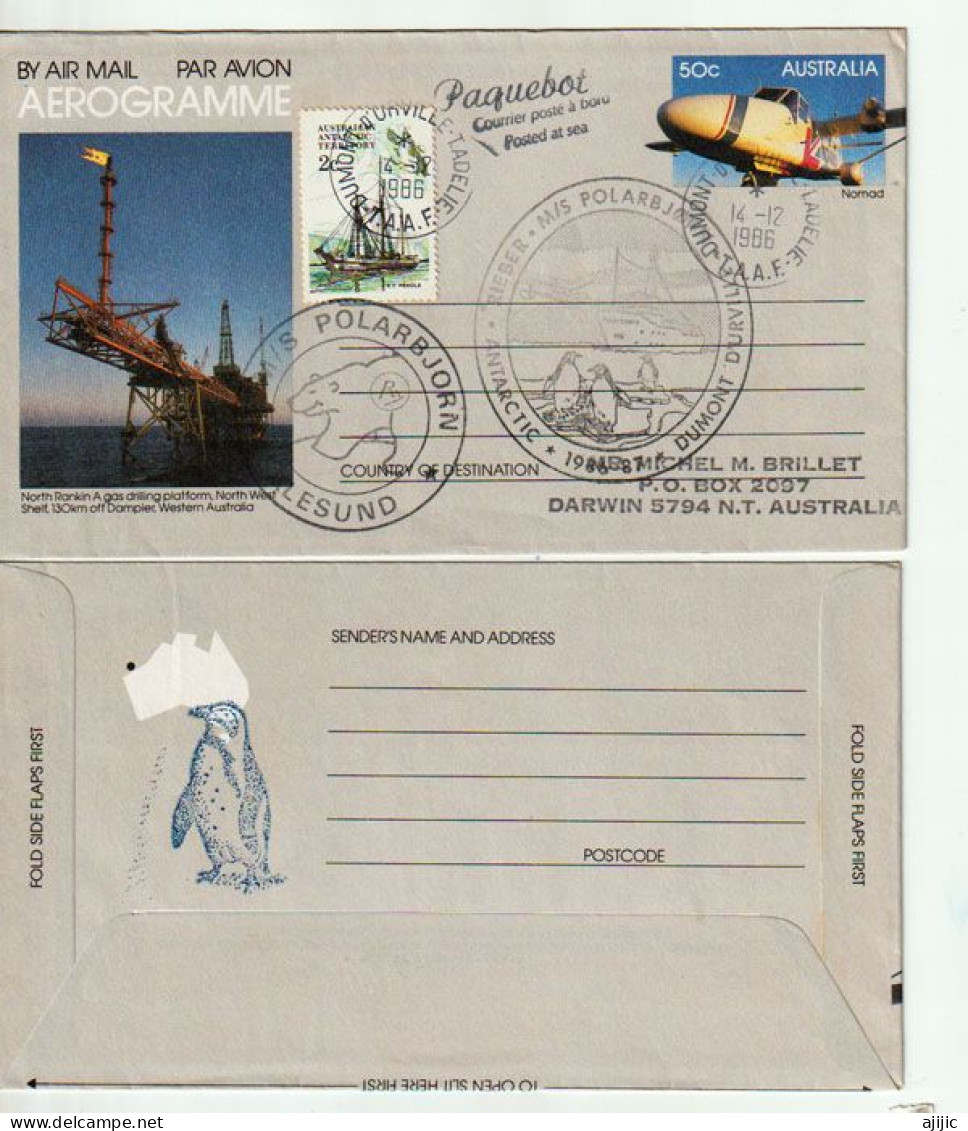 Aerogramme Australien Posté à La Base Dumont D'Urville, Navire MS Polarbjorn.Antarctic Expedition 1986-1987. RARE - Brieven En Documenten