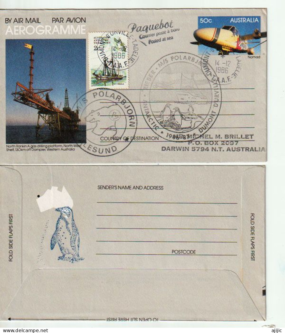 Aerogramme Australien Posté à La Base Dumont D'Urville, Navire MS Polarbjorn.Antarctic Expedition 1986-1987. RARE - Briefe U. Dokumente