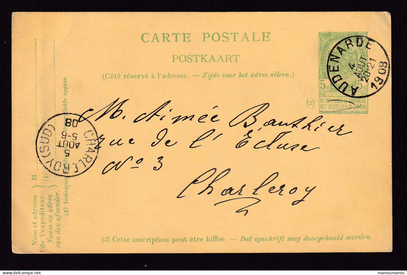 DDFF 564 -- AUDENARDE Entier Postal Armoiries 1908 Vers CHARLEROY - Expéditeur Van De Meulebroecke , Poelier à LEUPEGEM - Cartes Postales 1871-1909