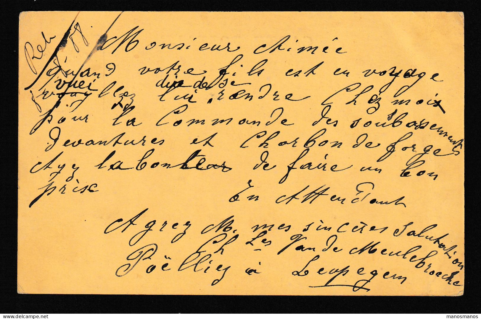 DDFF 564 -- AUDENARDE Entier Postal Armoiries 1908 Vers CHARLEROY - Expéditeur Van De Meulebroecke , Poelier à LEUPEGEM - Postcards 1871-1909
