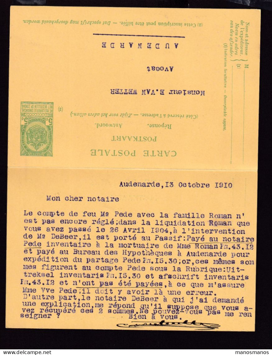 DDFF 565 -- AUDENARDE Entier Postal Armoiries DOUBLE Avec Réponse 1910 Vers GAND - Expéditeur Avocat Van Wetter - Cartes Postales 1871-1909