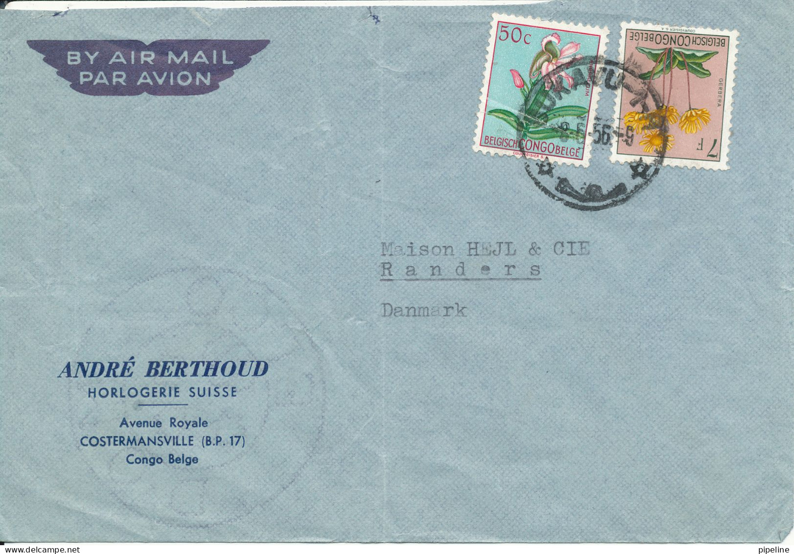 Belgian Congo Air Mail Cover Sent To Denmark 8-6-1956 Topic Stamps FLOWERS The Cover Is Damaged At The Top On The Backsi - Briefe U. Dokumente