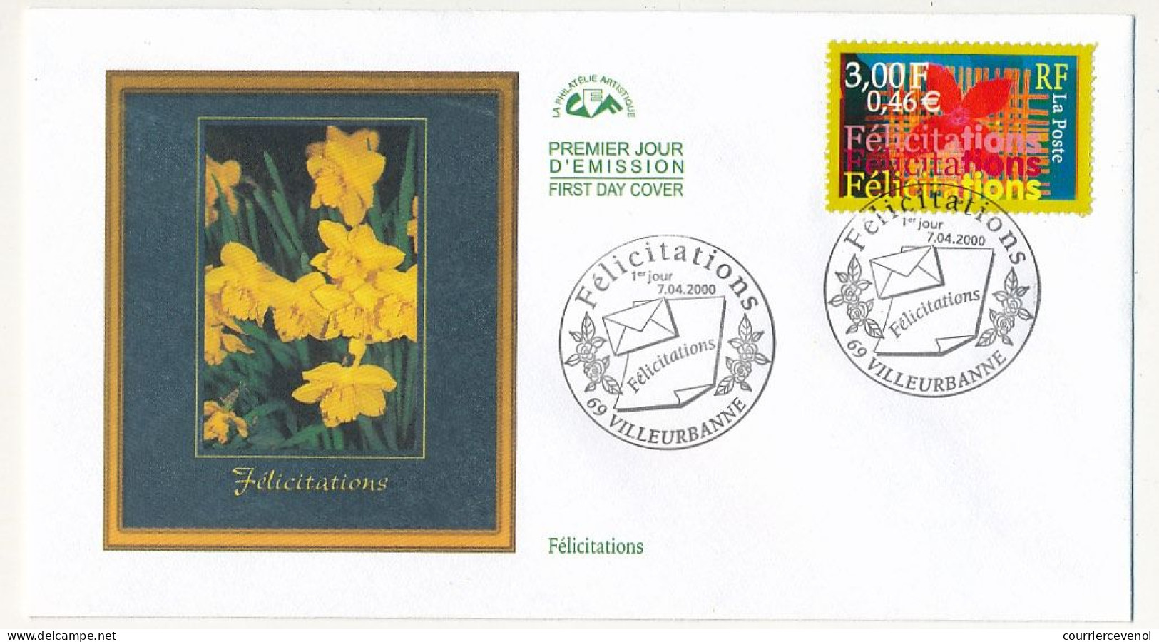 FRANCE - Env. FDC - 3,00f/0,46e Félicitations - 69 Villeurbanne - 7/04/2000 - 2000-2009