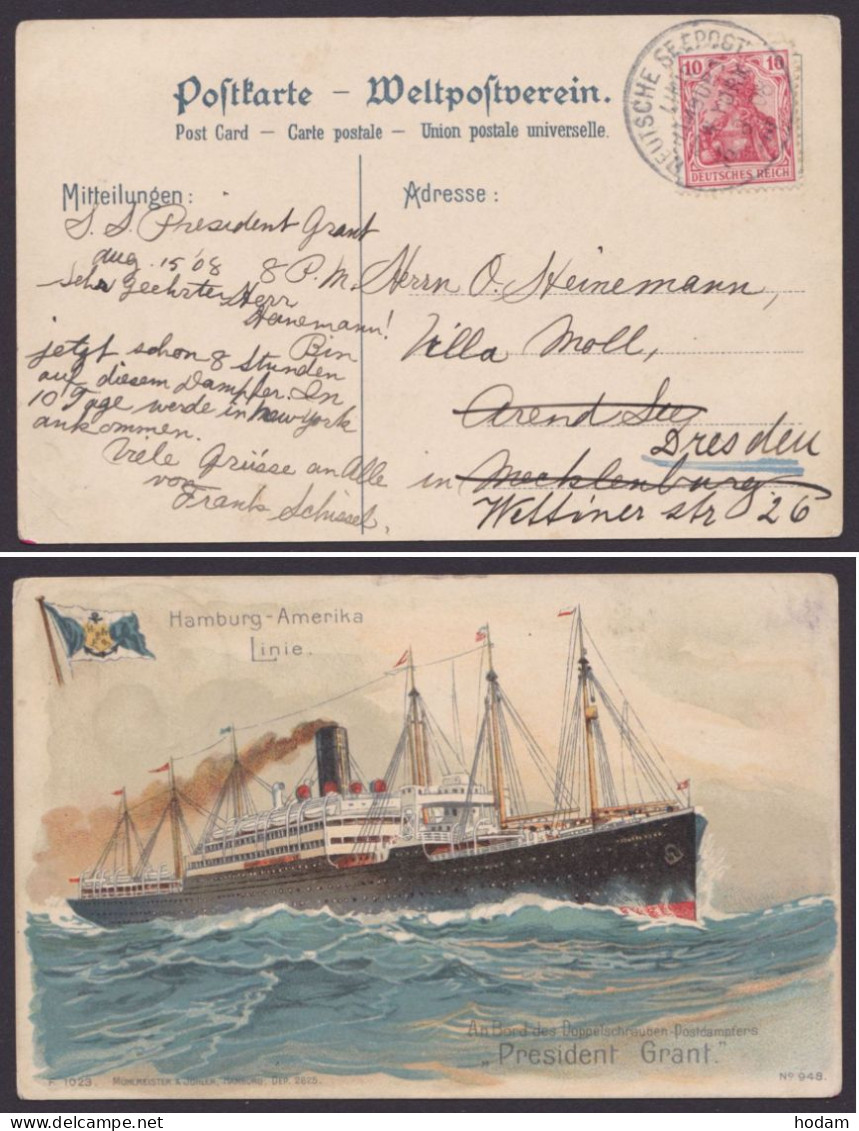 "Dt. Seepost Hamburg-New-York", 1908, Farbige Bedarfs-AK "Dampfer President Grant" - Poste Maritime