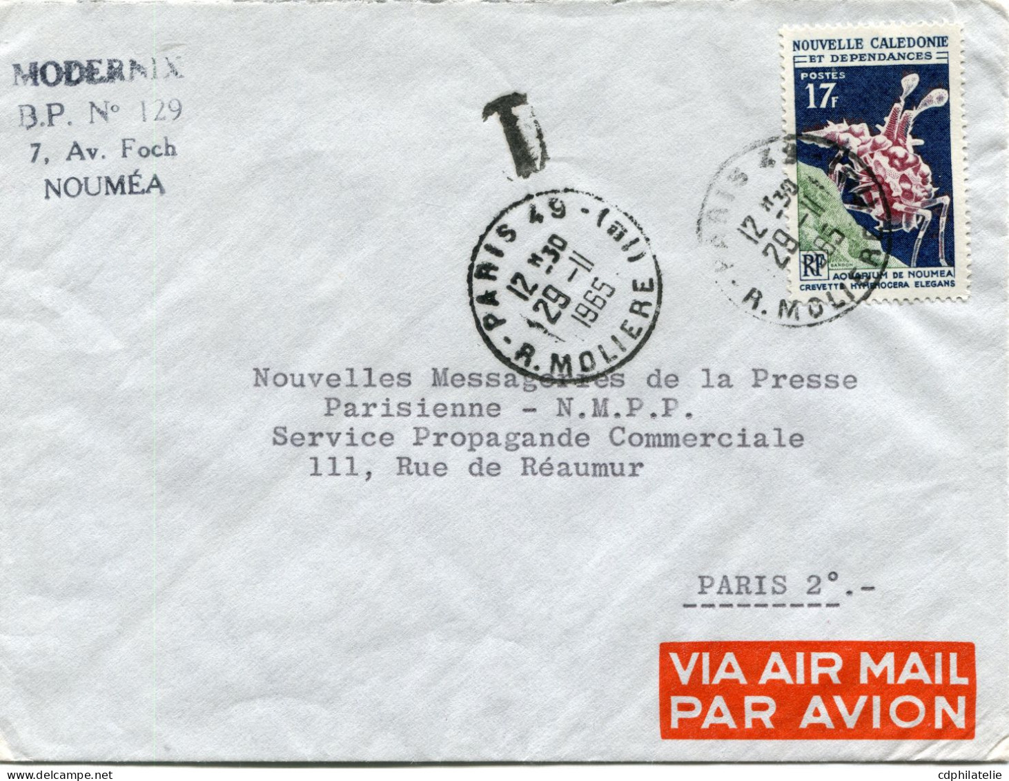 NOUVELLE-CALEDONIE LETTRE PAR AVION NON OBLITEREE AU DEPART DE ( NOUMEA ) TAXEE ET OBLITEREE A L'ARRIVEE A PARIS........ - Lettres & Documents