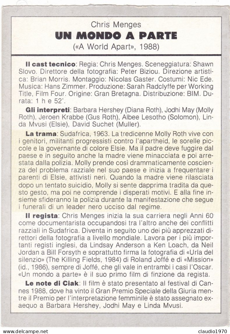 CINEMA - UN MONDO A PARTE - 1988 - PICCOLA LOCANDINA CM. 14X10 - Pubblicitari