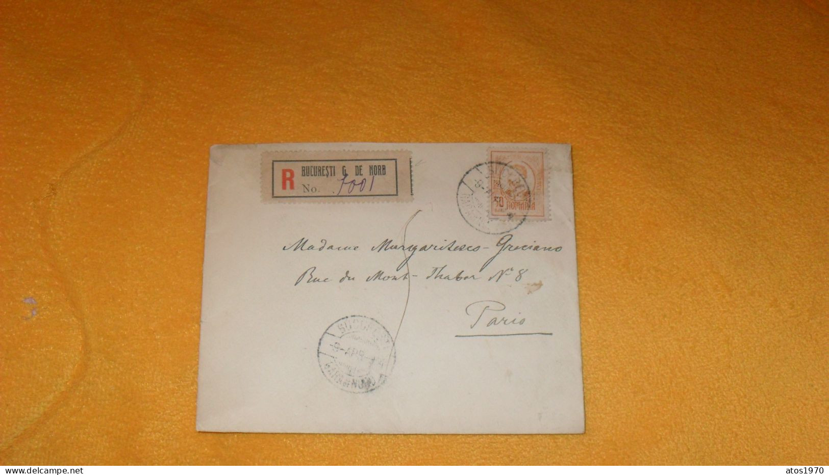 ENVELOPPE ANCIENNE DE 1914.../ RECOMMANDEE R BUCURESTI G. DE NORD..CACHETS BUCURESTI GARE DE NORD POUR PARIS + TIMBRE 50 - Marcophilie