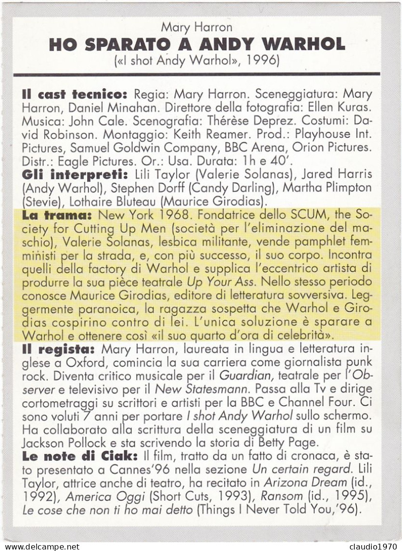 CINEMA - HO SPARATO A ANDY WARHOL - 1996 - PICCOLA LOCANDINA CM. 14X10 - Pubblicitari