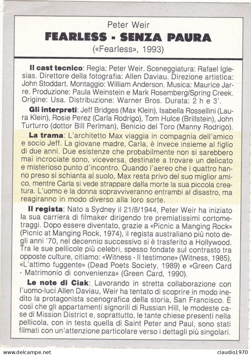 CINEMA - FEARLESS - SENZA PAURA - 1993 - PICCOLA LOCANDINA CM. 14X10 - Publicité Cinématographique