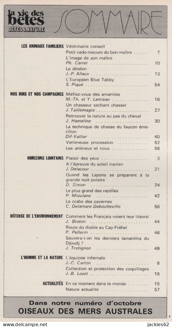 218/ LA VIE DES BETES / BETES ET NATURE N° 218 Du 9/1976, Voir Sommaire - Dieren