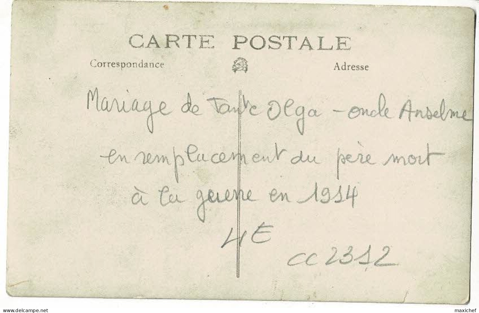 Carte Photo - Mariage De Tante Olga, L'oncle Anselme Remplace Le Père Mort à La GG - 1931 - Genealogie
