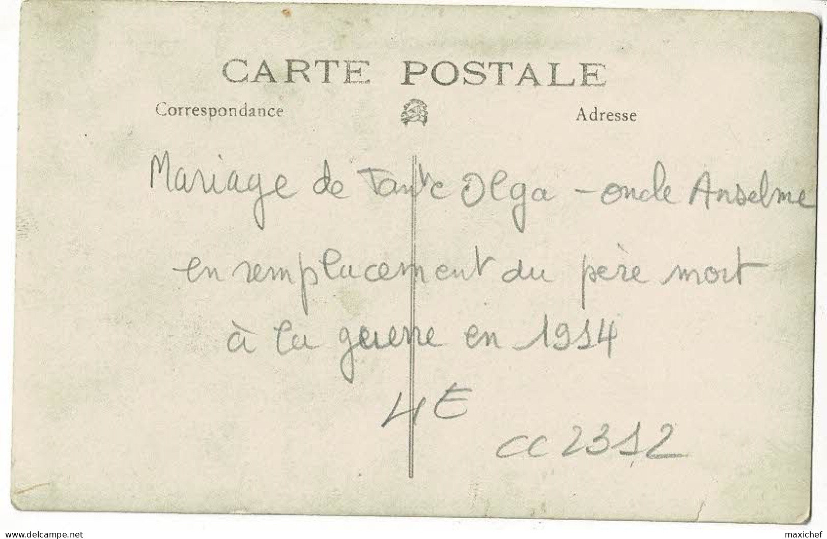 Carte Photo - Mariage De Tante Olga, L'oncle Anselme Remplace Le Père Mort à La GG - 1931 - Généalogie