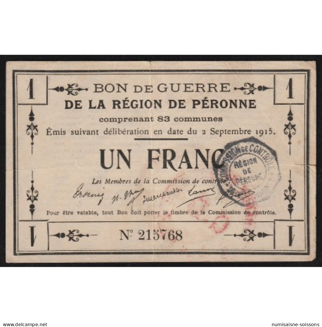 BON DE GUERRE - REGION DE PERONNE  - 1 FRANC - 02/09/1915 - TTB+ - Unclassified