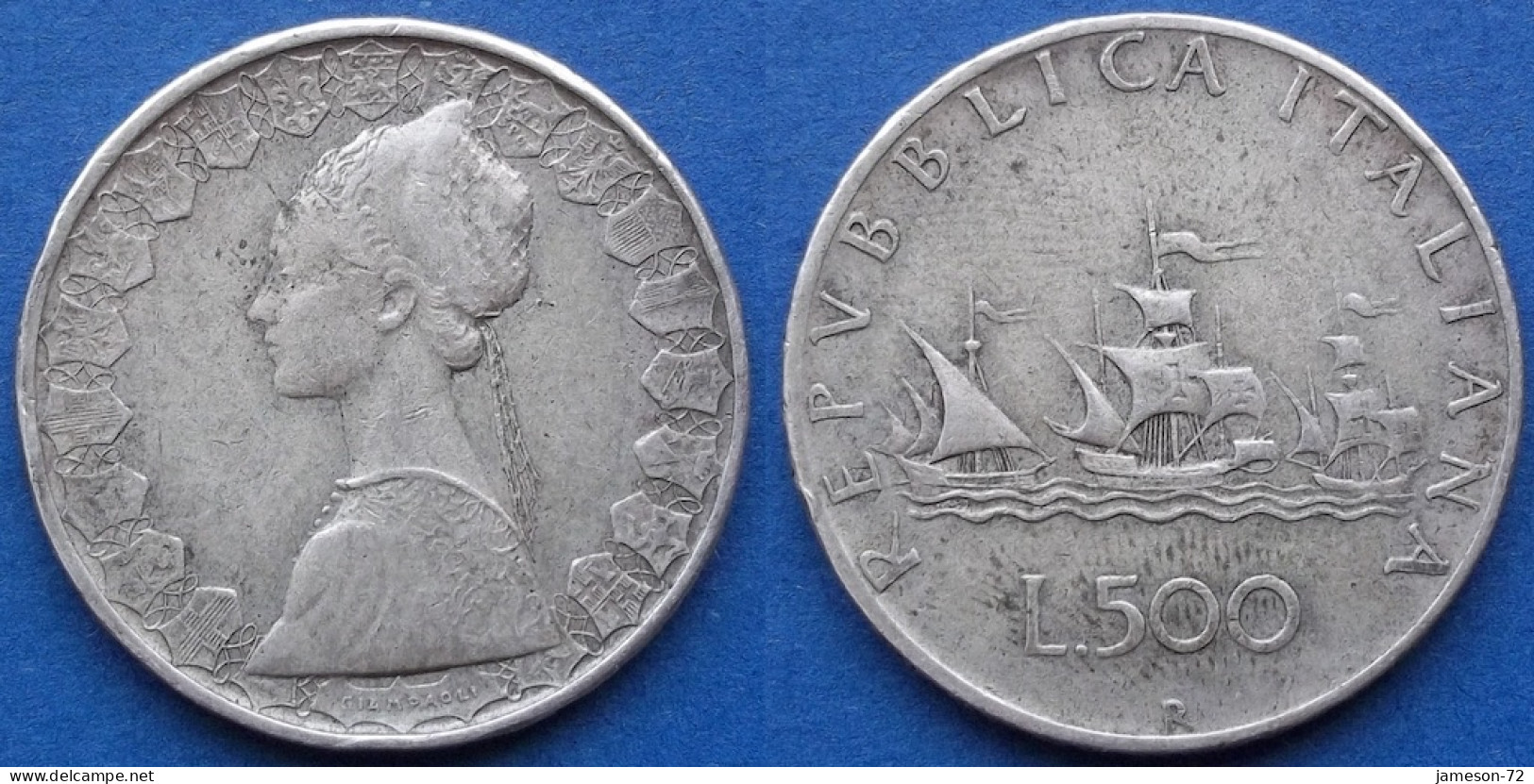 ITALY - Silver 500 Lire 1964 R "Columbus' Ships" KM# 98 Republic Lira Coinage (1946-2002) - Edelweiss Coins - 500 Liras