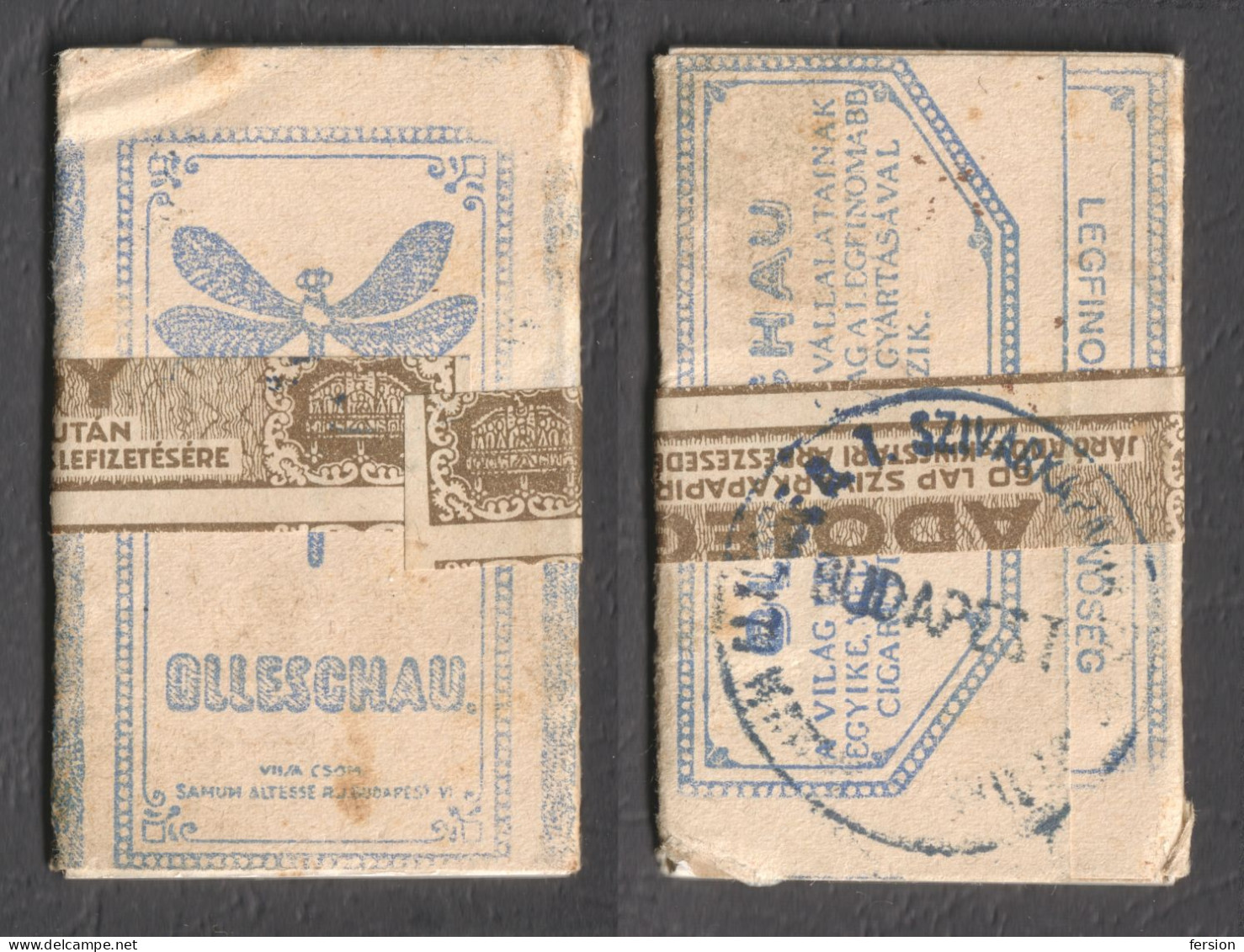 CIGARETTE TOBACCO Paper REVENUE Seal Fiscal Tax Stripe Hungary LABEL Cover Olleschau DRAGONFLY 1930 UNUSED Full Paper - Tobacco