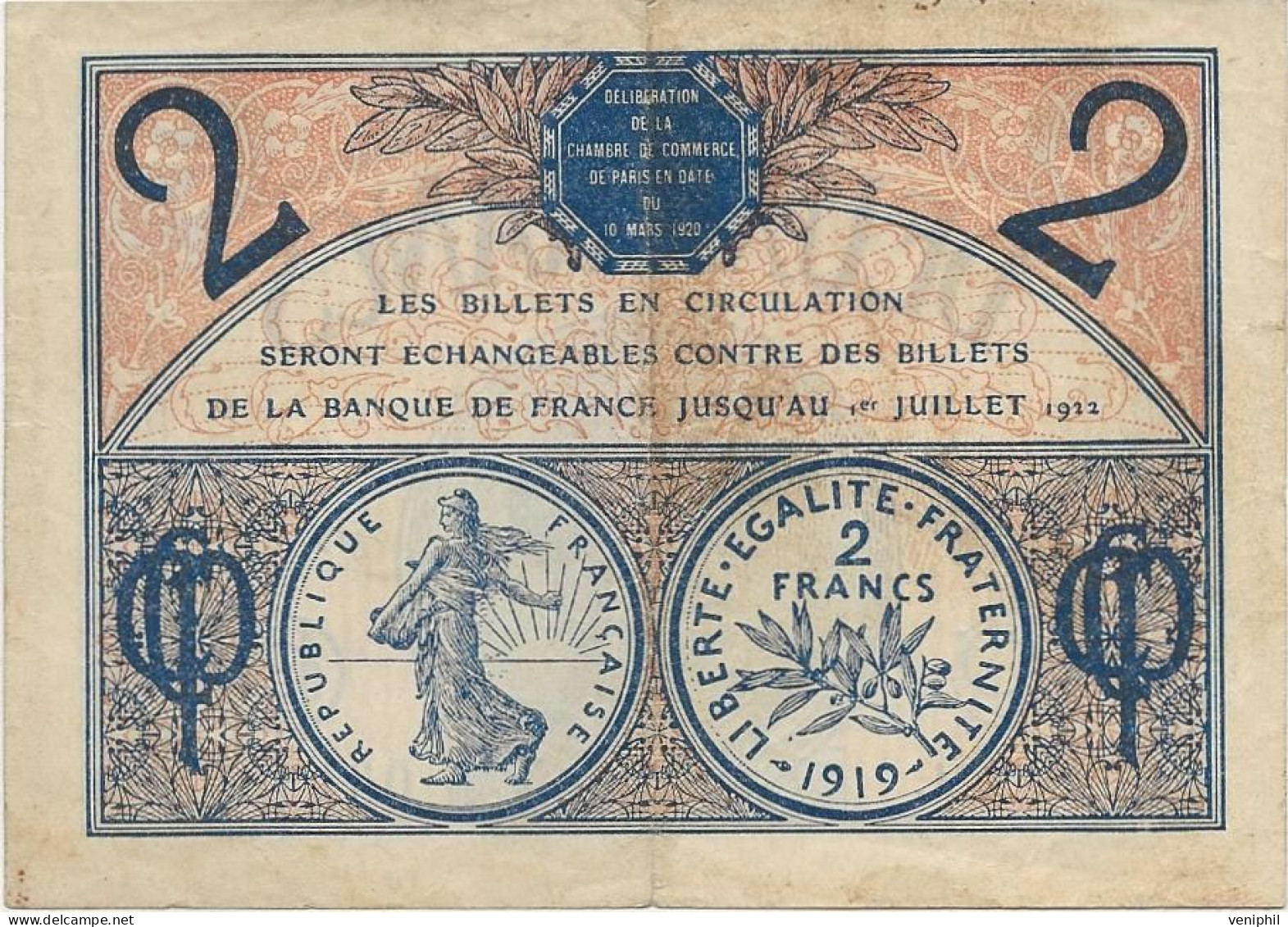 BILLET CHAMBRE DE COMMERCE PARIS - DEUX FRANCS - 1919 - Handelskammer